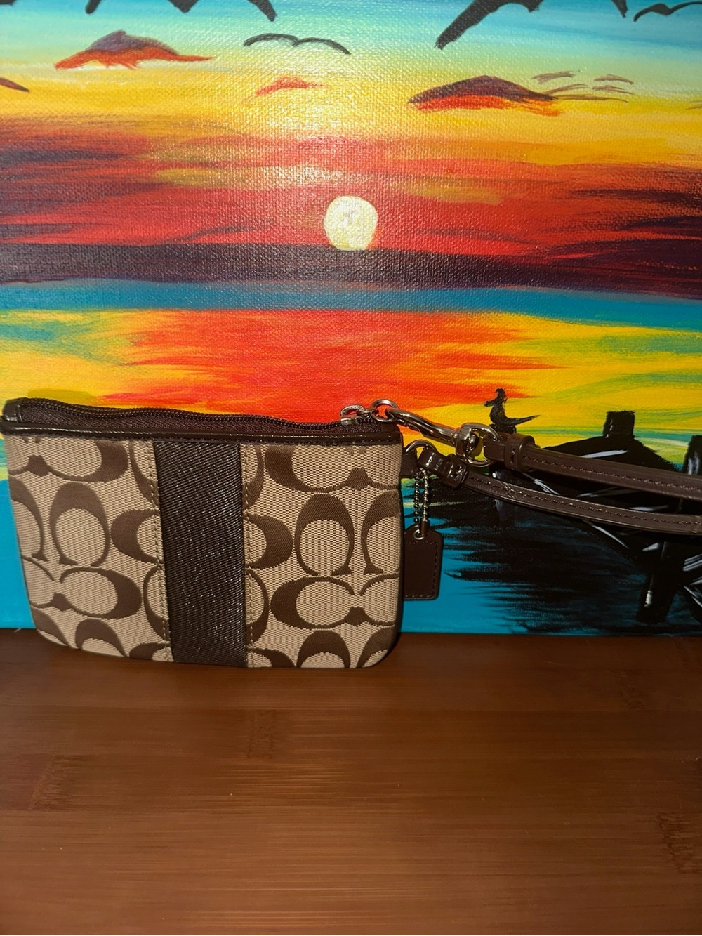 Coach Signature Canvas Wristlet in Khaki and Chocolate - Picture 2 of 3